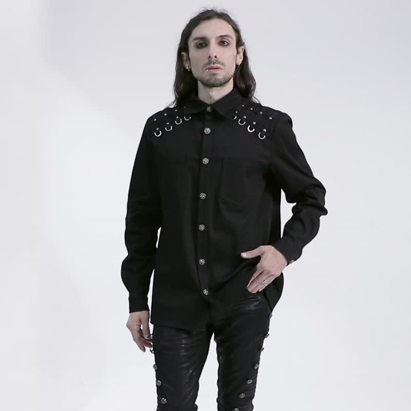 龐克詛咒骷髏錢幣鉚釘襯衫 - 男襯衫/休閒襯衫 - 其他材質 黑色