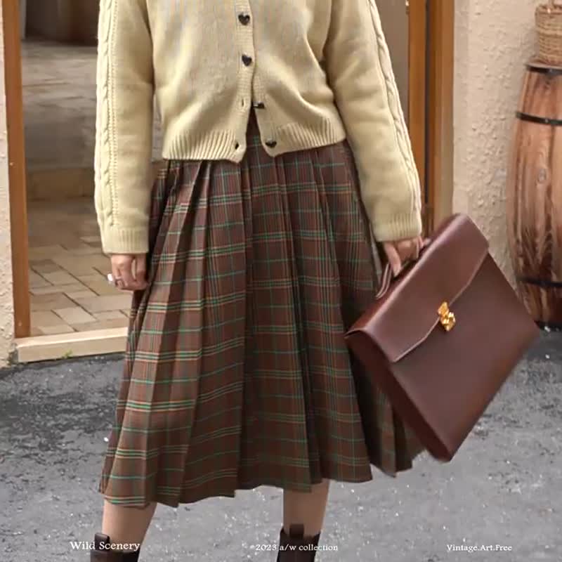 Brown green plaid semi-mature boy British retro plaid pleated skirt preppy style girly pleated - Skirts - Polyester Brown