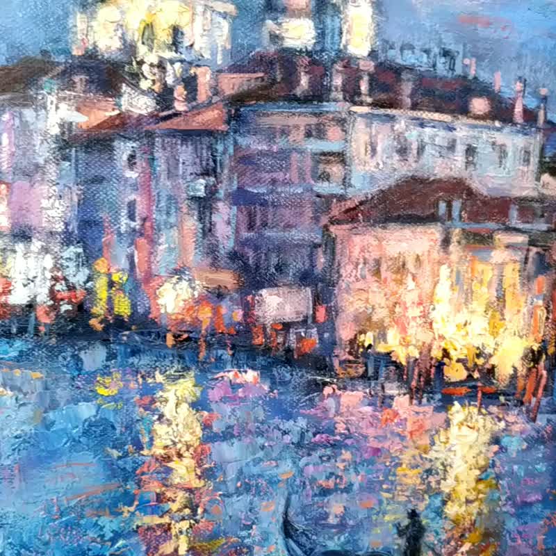 Venice Painting Italy Original Artwork Night Cityscape Canvas Impressionism Art - Posters - Other Materials Multicolor