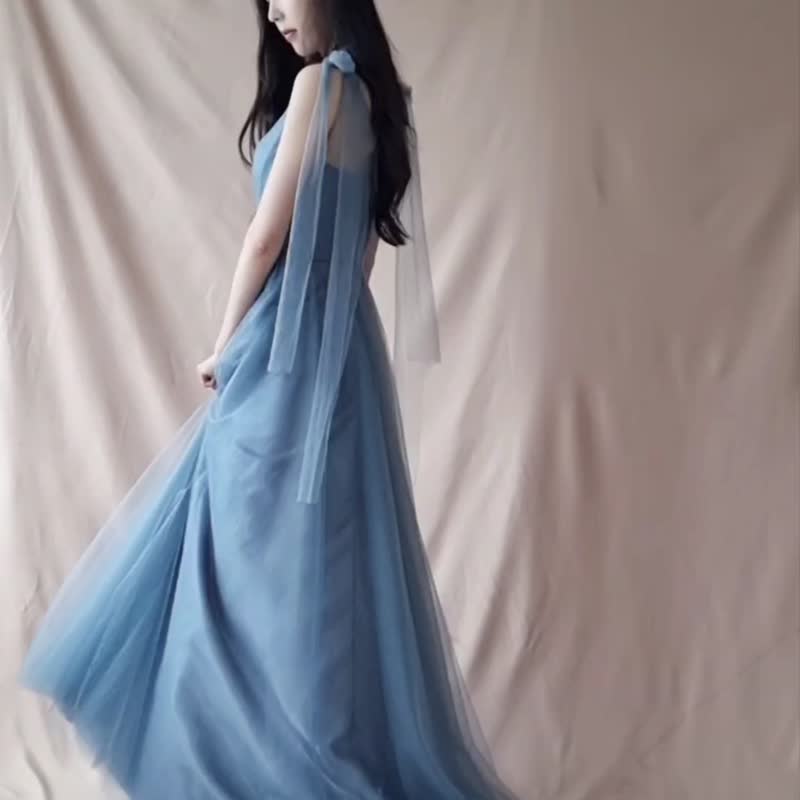 Dusty Blue A-Line Tulle Dress - ชุดราตรี - วัสดุอื่นๆ สีน้ำเงิน