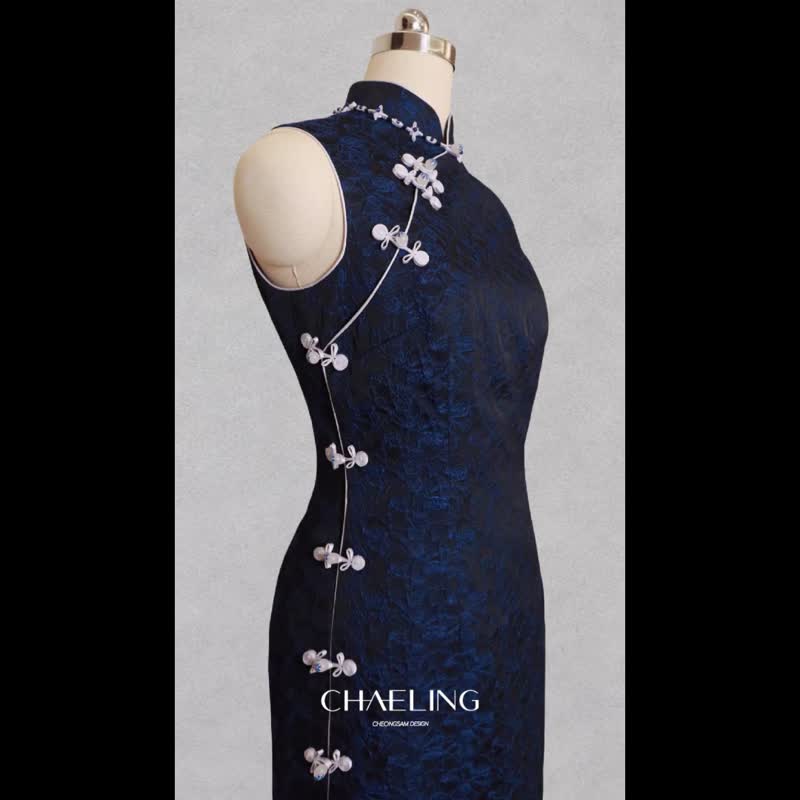 CHAELING Haute Couture Black and Blue Blended Jacquard Chinese Classical Cheongsam Long Dress - กี่เพ้า - วัสดุอื่นๆ สีส้ม