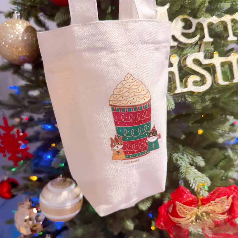 Christmas gift | Toffee stone fruit latte の daily canvas drink bag (ice dam cup) hand-printed - Handbags & Totes - Cotton & Hemp Red