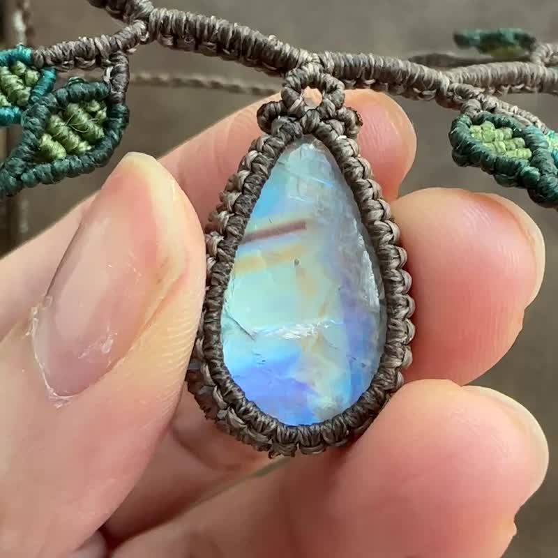 N1192 民族風蠟線編織 樹藤花紋 月亮石 頸鍊 (可調長度) - 項鍊 - 寶石 咖啡色