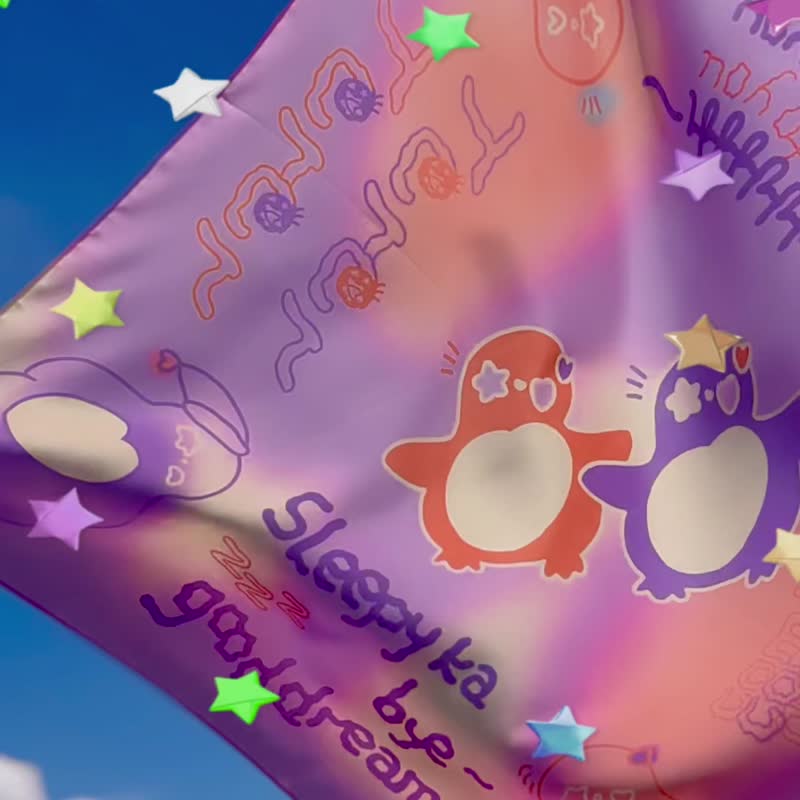 原創插畫可愛企鵝印花光澤感絲巾頭巾 - 絲巾 - 其他材質 紫色