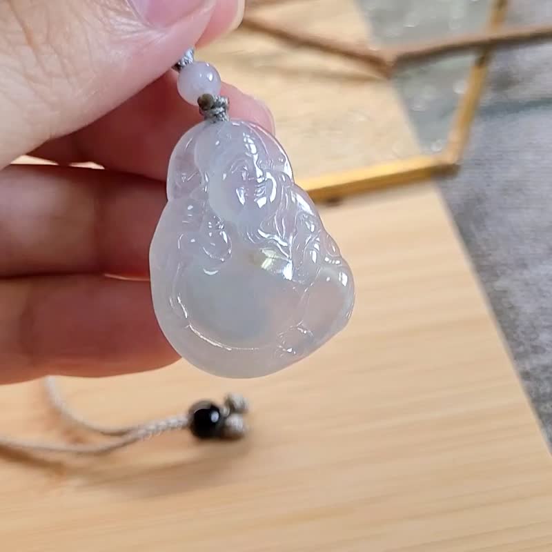 【純翠】天然翡翠 高冰玻種水美財神調整式繩鏈 附台灣證書 - 項鍊 - 玉石 白色
