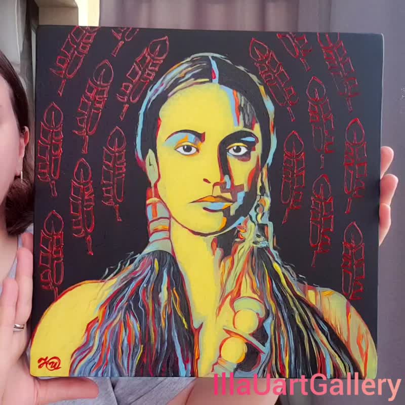 Native American Painting Woman Original Art Pocahontas Wall Art Portrait Artwork - 海報/掛畫/掛布 - 棉．麻 多色