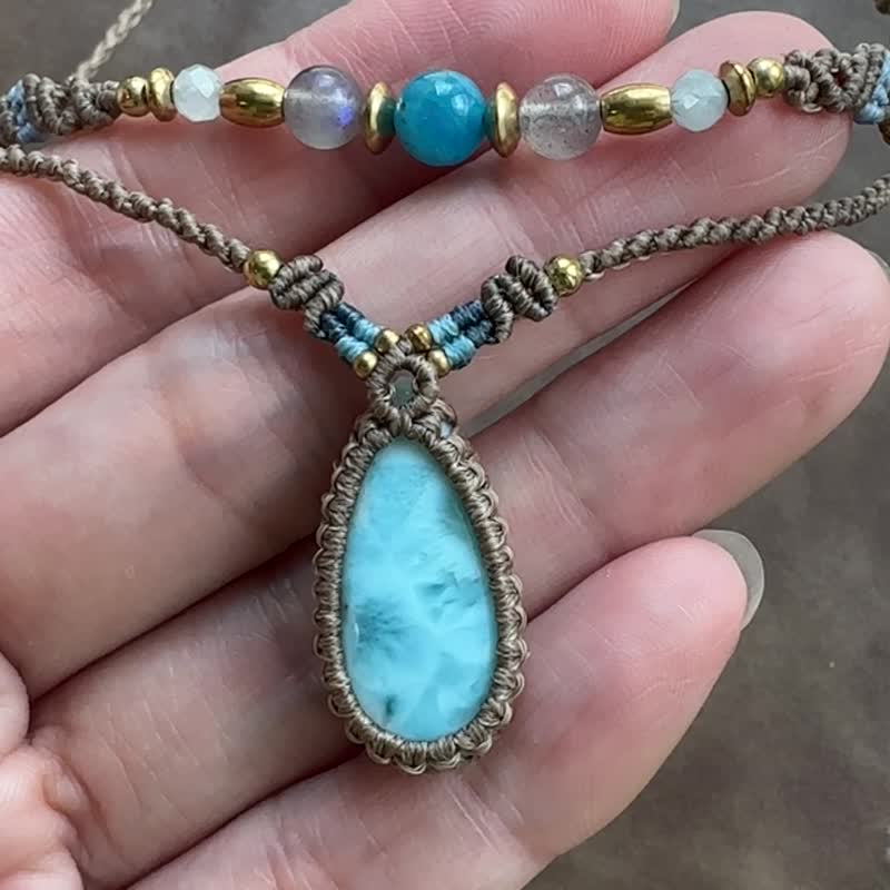 N793 Wax thread braided Larimar (sea Stone) Bronze bead necklace (adjustable length) - Necklaces - Gemstone Khaki