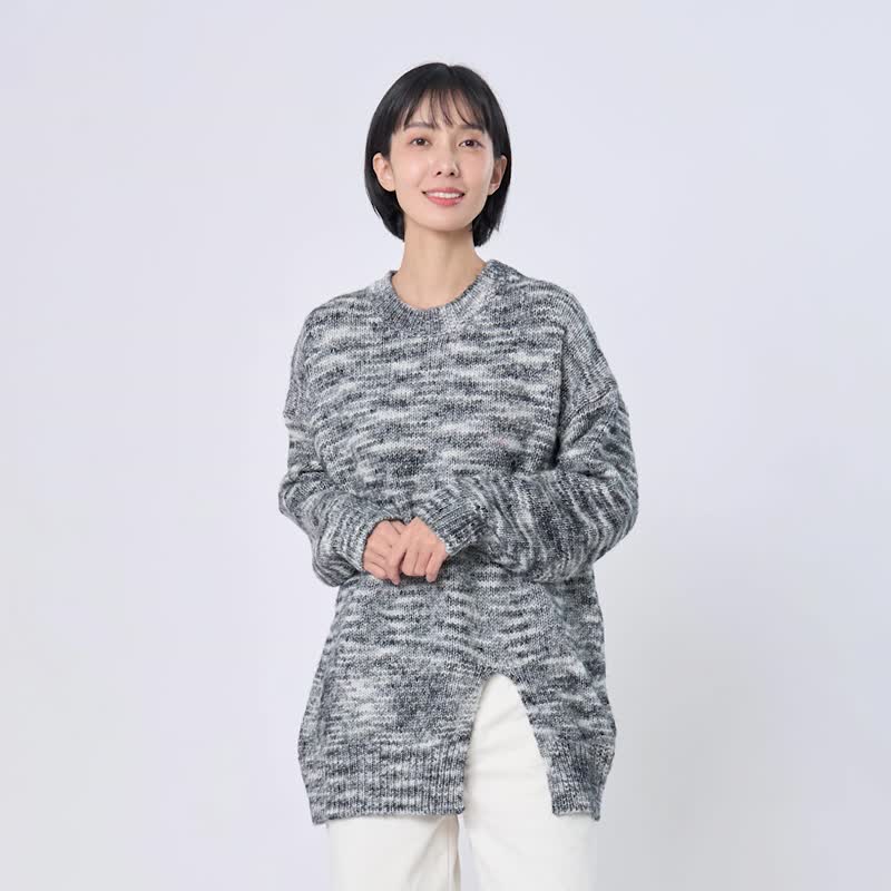 Frida圓領落肩灰階開衩針織衫毛衣 - 女毛衣/針織衫 - 其他人造纖維 灰色