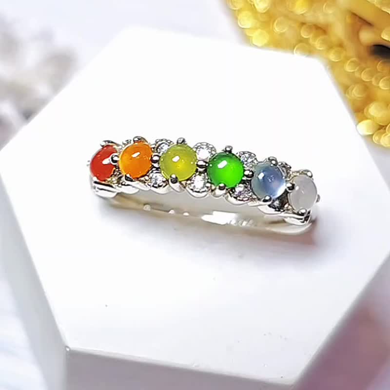 |轉運彩虹|A貨翡翠冰玻多寶彩虹蛋面3mm純銀鍍18k精緻款戒指 - 戒指 - 玉石 