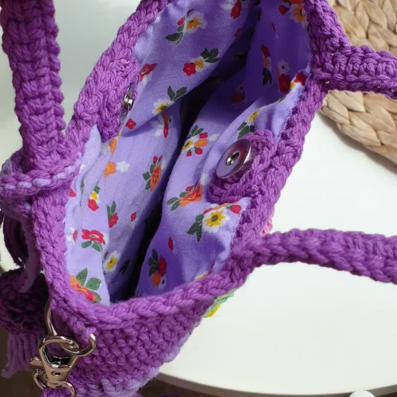 Crochet bag, handmade, with a pocket on the back, girl pattern, pink - Handbags & Totes - Cotton & Hemp Purple