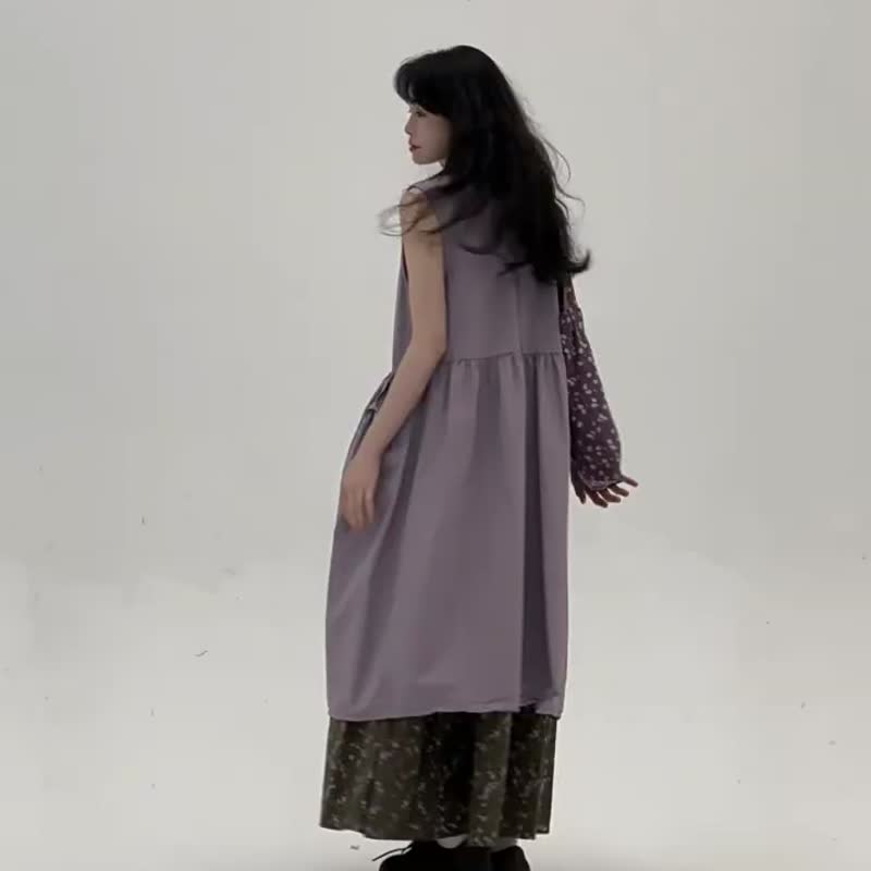4顔色 純色背心洋裝 韓系寬鬆連身裙 高腰顯瘦背心長裙 - 洋裝/連身裙 - 棉．麻 紫色