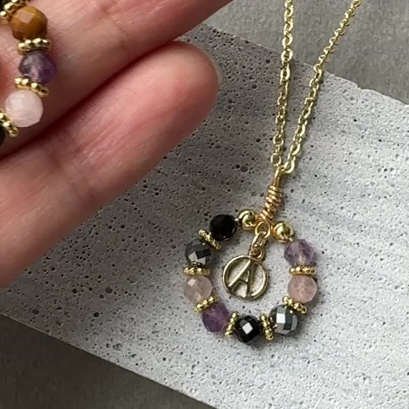 Amethyst Rose Quartz Black Tourmaline Hematite Stone English Letter Necklace Sister Gift - Necklaces - Other Metals Purple