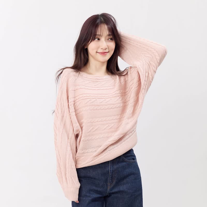 Bonnie Off-Shoulder Cable-Knit Batwing Sleeve Sweater/ Pink - สเวตเตอร์ผู้หญิง - ผ้าฝ้าย/ผ้าลินิน สึชมพู