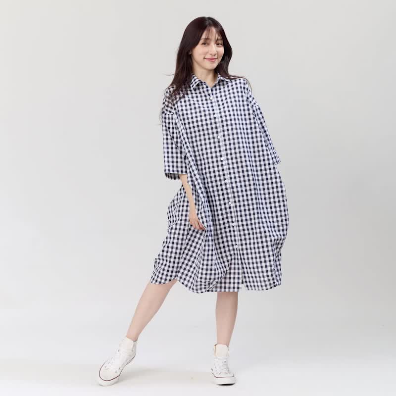 Nancy開襟棉質口袋連身裙洋裝 - 洋裝/連身裙 - 棉．麻 藍色