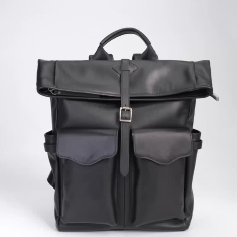 New design roll-top foldable cowhide backpack shoulder bag - Backpacks - Genuine Leather Black