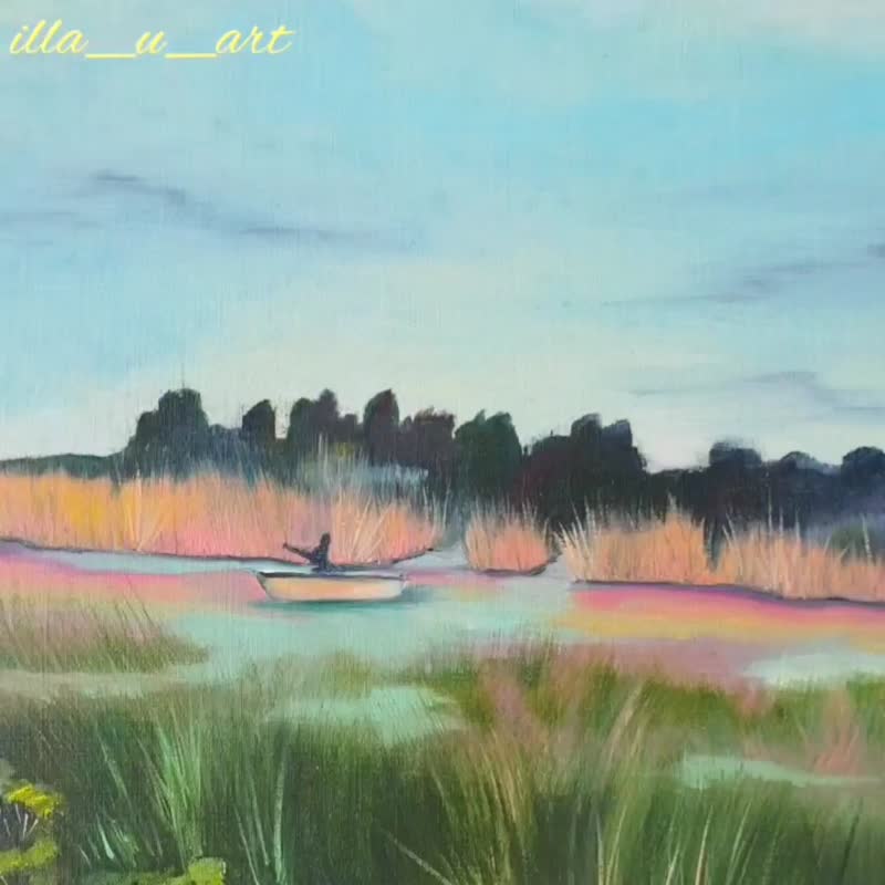 Marsh Painting Row Boat Original Art Low Country Wall Art Seascape Oil Painting - Posters - Other Materials Multicolor