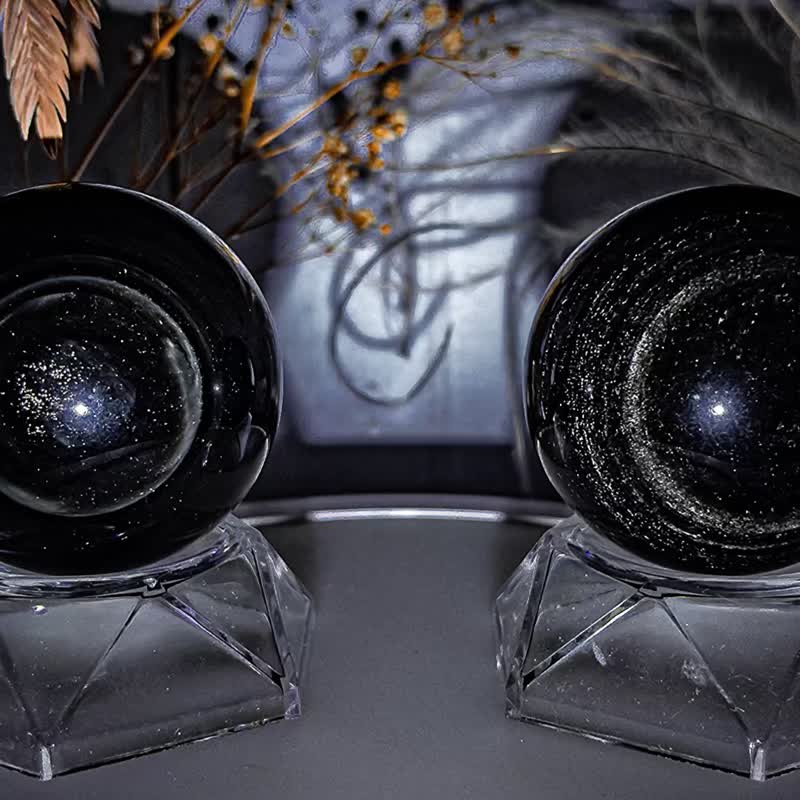 [Obsidian Stone Ball with Golden Eyes] Obsidian Crystal Ball with Two Eyes (With Stand) | Feng Shui Office Decoration to Avoid Evil - Items for Display - Crystal Black