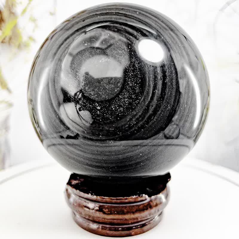 【金沙帶眼黑曜石】金沙黑曜石水晶球(附座)|風水避邪 辦公室擺件 - 擺飾/家飾品 - 水晶 黑色