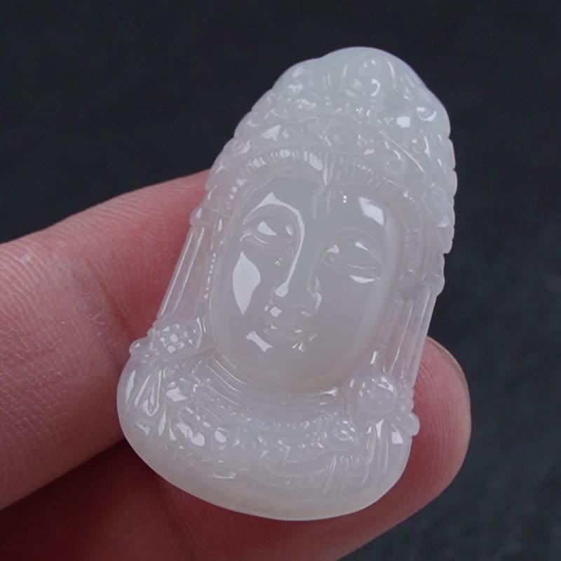 冰種翡翠觀音菩薩佛首項鍊 | 天然緬甸玉翡翠A貨 | 送禮 - 項鍊 - 玉石 白色