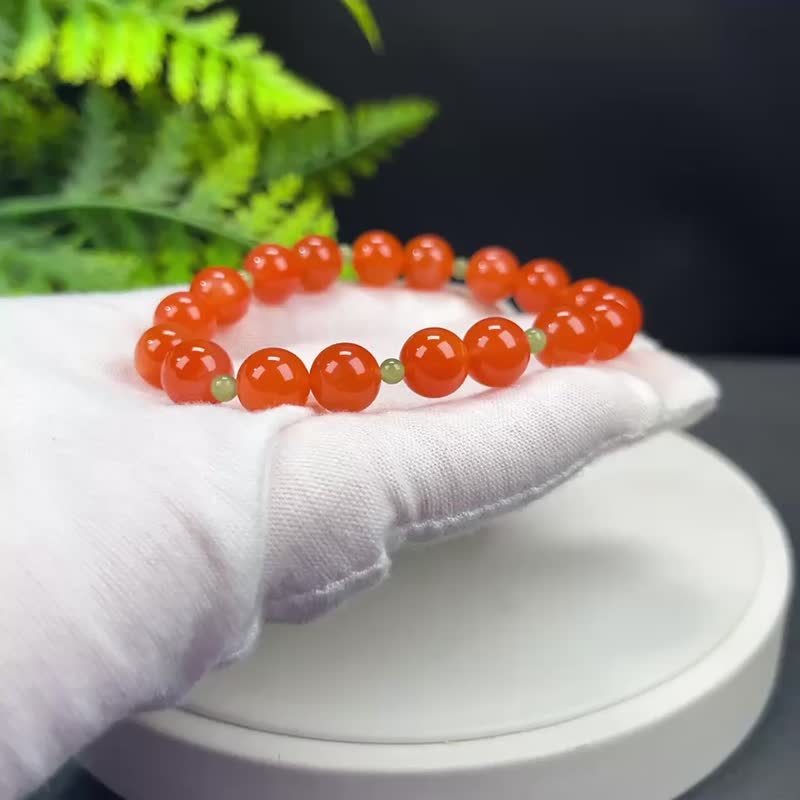 精品冰紅南紅瑪瑙手串9mm搭配湖水綠和田玉秀氣吉祥好運幸福護佑 - 手鍊/手環 - 半寶石 