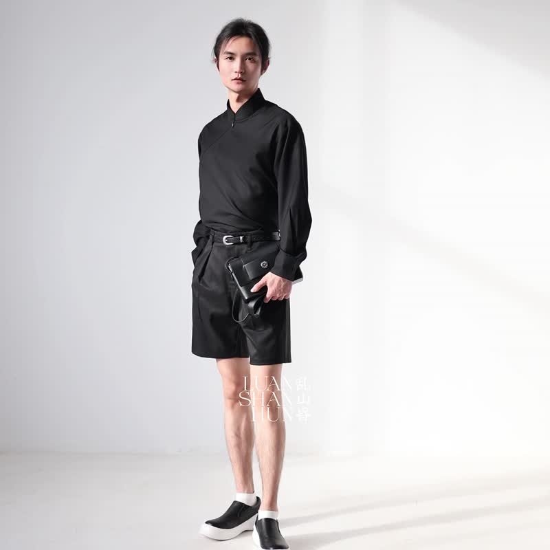 Luanshanhun new Chinese style light national style mid-waist double pleat casual straight shorts daily commuting all-match summer - Men's Shorts - Polyester Black