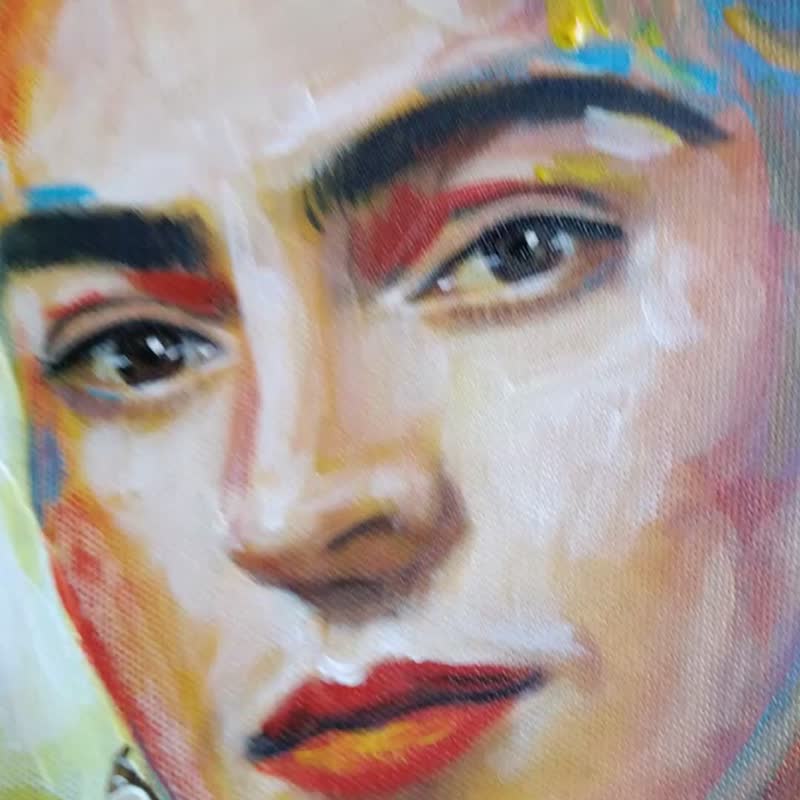 Frida Kahlo portrait. Pop art portrait. Oil painting in pop art style. - ตกแต่งผนัง - ผ้าฝ้าย/ผ้าลินิน สีแดง