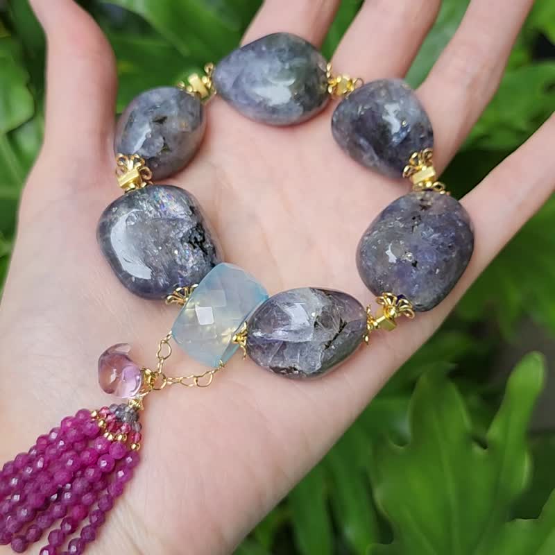 稀有冰種堇青石 瑪瑙 紫水晶 紅寶石流蘇 大寶石手鍊 單品 禮物 - 手鍊/手環 - 寶石 紫色