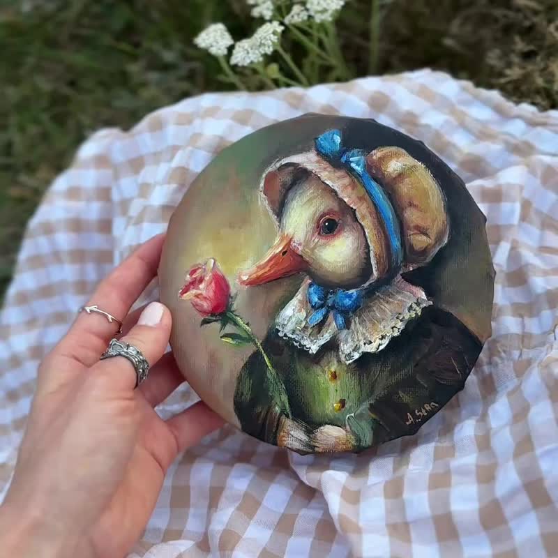 Duck original painting, Duck wall art, Bird painting, Fairy art, Dressed animals - 壁貼/牆壁裝飾 - 棉．麻 多色