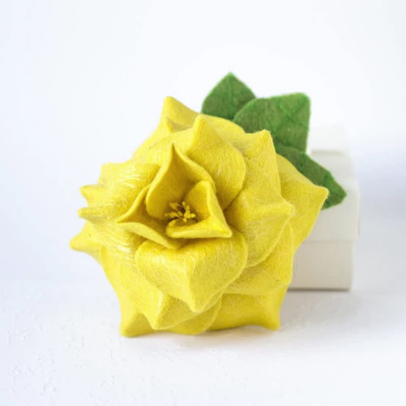 Yellow Flower Brooch Felted Rose Pin Craft Jewelry for Women Handmade Gift Idea - เข็มกลัด - ขนแกะ สีเหลือง