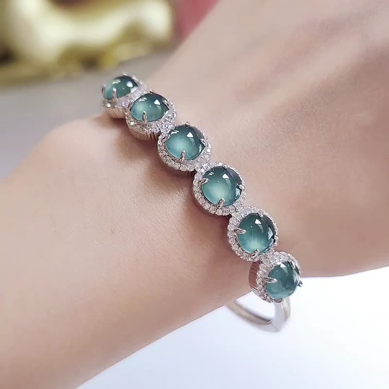 Cai Shui | Fantasy La Mer | Natural Grade A Jadeite Ice Glass Dark Blue Large Egg Face Sterling Silver Bracelet Chain - Bracelets - Jade 