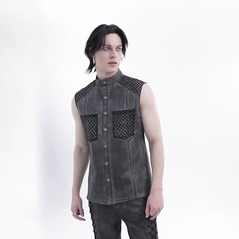 Wasteland Underworld Immigration Sleeveless Long Shirt - เสื้อเชิ้ตผู้ชาย - วัสดุอื่นๆ สีดำ