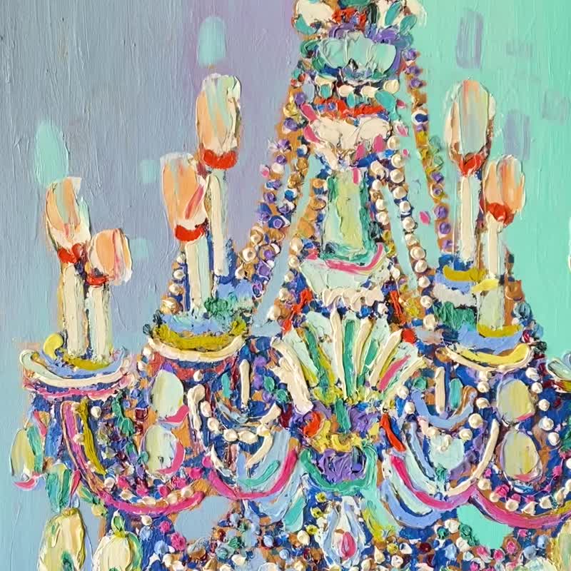 Modern Chandelier Original oil painting on canvas Abstract art Wall decor inter - ตกแต่งผนัง - วัสดุอื่นๆ สึชมพู