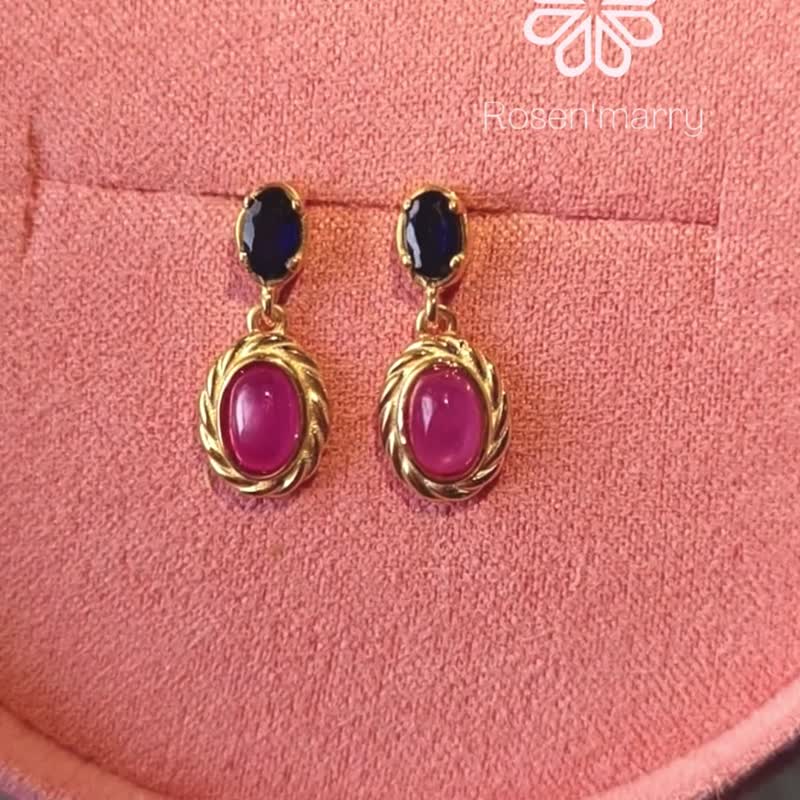 Natural Ruby and Blue Sapphire Drop Earrings Sterling Silver925 with gold plated - 耳環/耳夾/耳骨夾 - 純銀 紅色