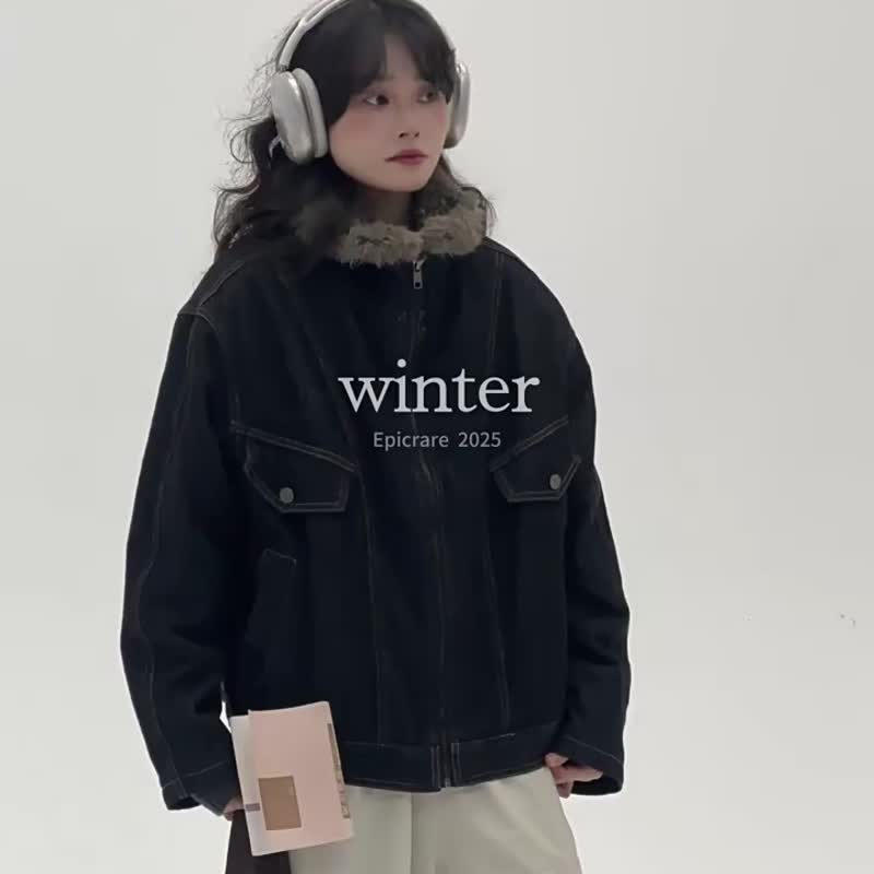 2顏色 部落 美式復古牛仔外套 休閒保暖短外套 秋冬棉服 - 女裝外套/大衣 - 棉．麻 黑色