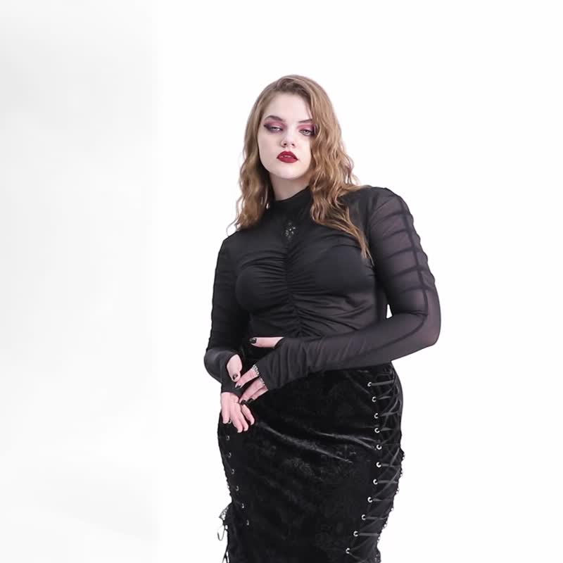 【大尺碼】異教徒幽靈骷髏抽褶網紗上衣 - 女 T 恤 - 其他材質 黑色