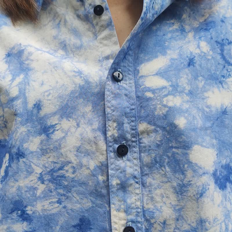 Jinda Shirt B - 簡約靛藍短袖背心 - 女上衣/長袖上衣 - 棉．麻 藍色