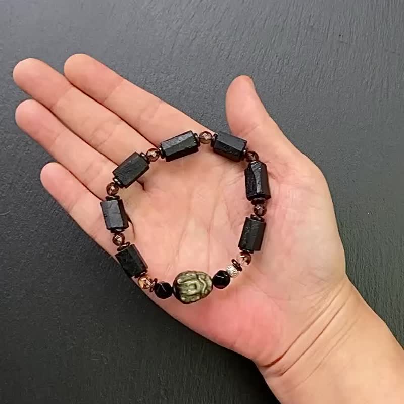 黑碧璽原石x幽靈水晶x黑曜石x鑽切茶晶x椰殼x金曜石龍龜純銀手鍊 - 手鍊/手環 - 水晶 多色