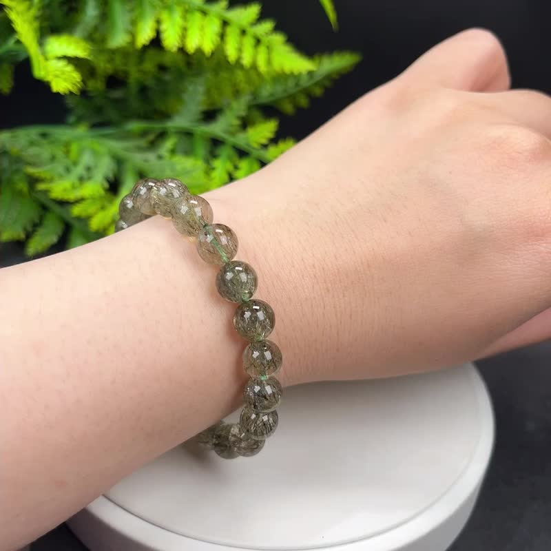 Natural green tourmaline hair crystal bracelet 9mm ice transparent green hair crystal female fortune-bringing and healing Stone - Bracelets - Crystal Green