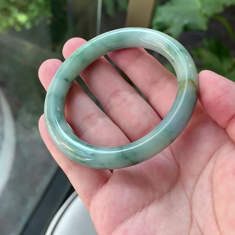Lanyun | Glutinous seed/blue water floating flowers/round bar concubine/hand circumference 17-17.5|natural A-grade jade bracelet - Bracelets - Jade Blue