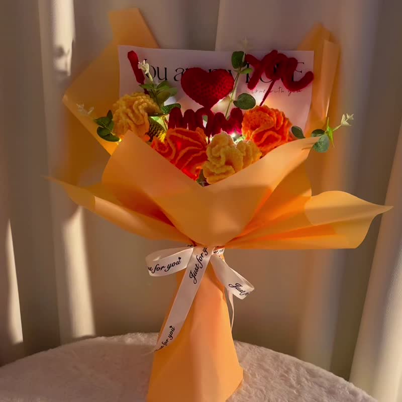 手織りの黄色いカーネーションの花束 母の日ありがとう 誕生日プレゼント I Love You Mom - ドライフラワー・ブーケ - 刺しゅう糸 