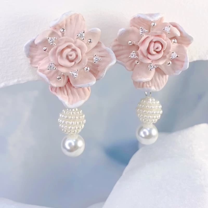 Pink orange and elegant flower beaded clay earrings/two ways to wear them - Earrings & Clip-ons - Clay Pink