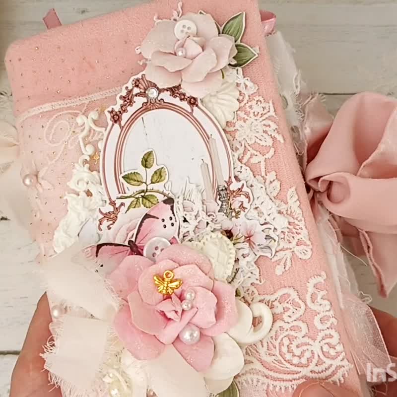 Large Floral garden junk journal handmade Lace french chic blooms notebook - 筆記本/手帳 - 紙 粉紅色