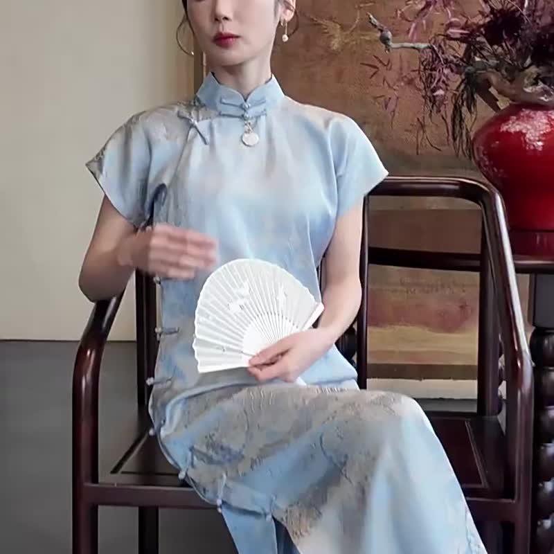 素裳 海藍色 全開襟年輕款古法旗袍 復古新中式國風洋裝唐裝 - 旗袍/改良式旗袍 - 聚酯纖維 藍色