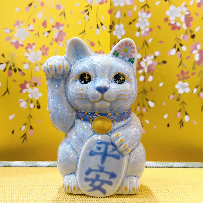 【銀藤守安】日本清水燒招財貓 | 花結晶 銀藤 - 平安 右 - 擺飾/家飾品 - 瓷 藍色