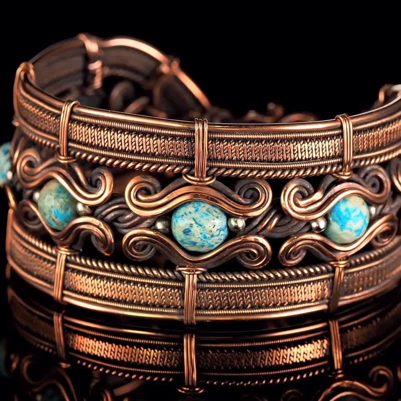 Copper wire wrapped bracelet with chrysocolla for lady Antique style WireWrapArt - Bracelets - Gemstone Multicolor