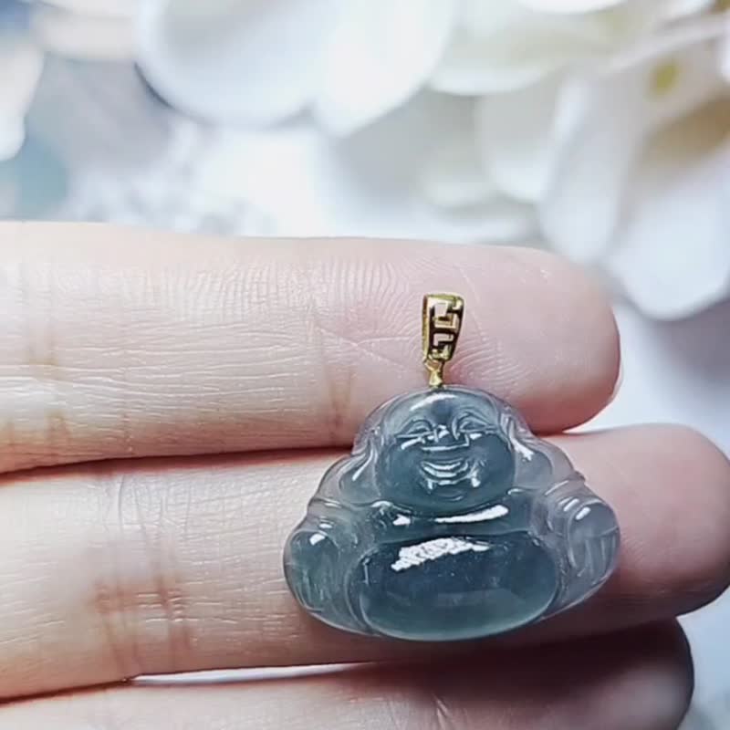 |18k招財開心佛|a貨翡翠冰玻藍水佛公23mm訂制款18k吊墜 - 項鍊 - 玉石 