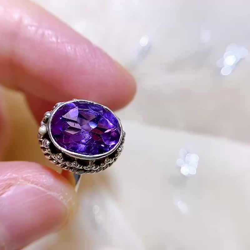 天然紫水晶 戒指 尼泊爾 手工製 925純銀 - 戒指 - 寶石 紫色