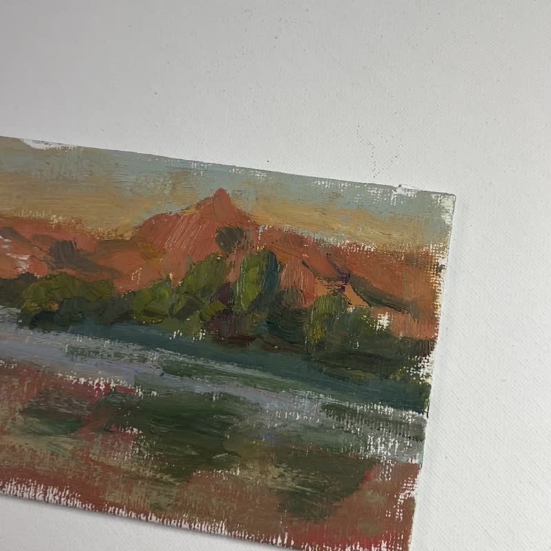 Oil painting of the sunset on the lake, oil on canvas on the cardboard, 6x4in - Wall Décor - Other Materials 