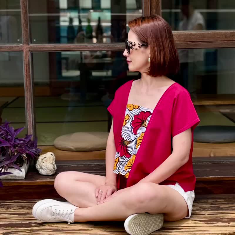 獨一無二非洲圖騰四角衣紅白撞色幾何黃色花純棉寬版設計上衣 - 女襯衫 - 棉．麻 紅色