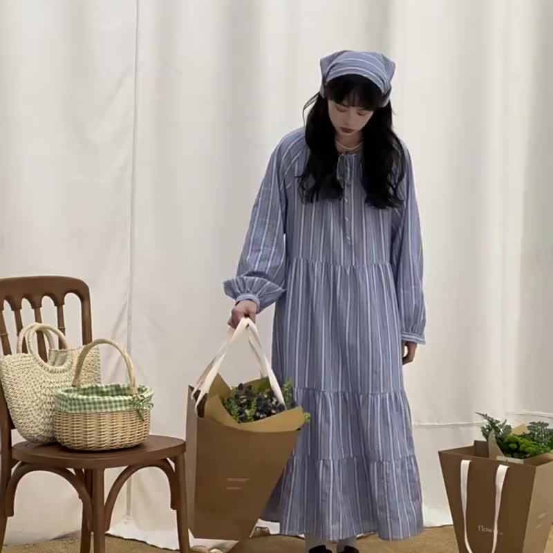 藍色 含頭巾 條紋碎花洋裝 日系文藝休閒連身裙 復古疊穿中長裙 - 洋裝/連身裙 - 棉．麻 藍色